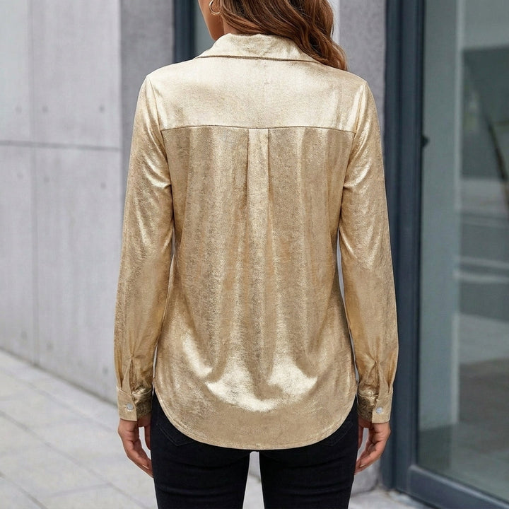 Blouse Women V-Neck Long Sleeve Button Front Point Collar