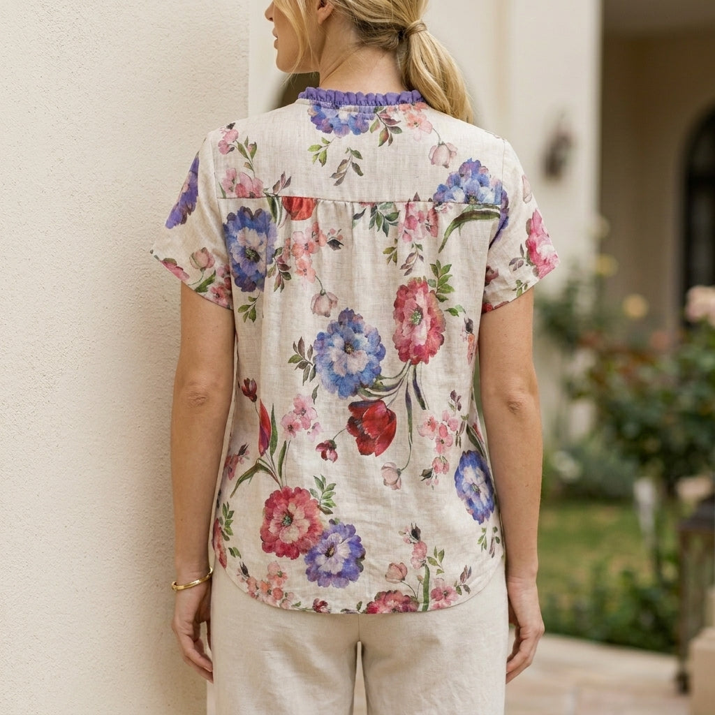 Blouse Women Floral Short Sleeve Ruffle Neck Tie Front