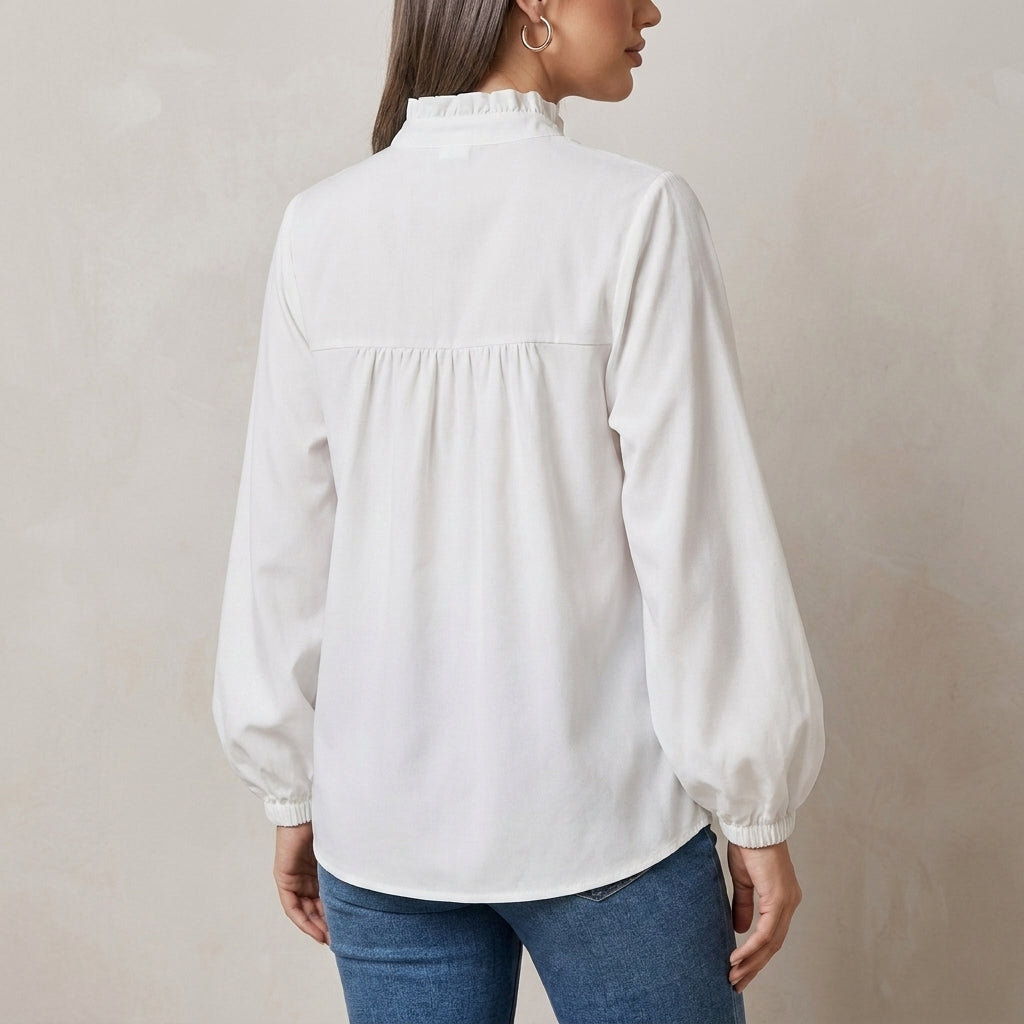 Blouse Women V-Neck Puff Sleeve Ruffle Relaxed