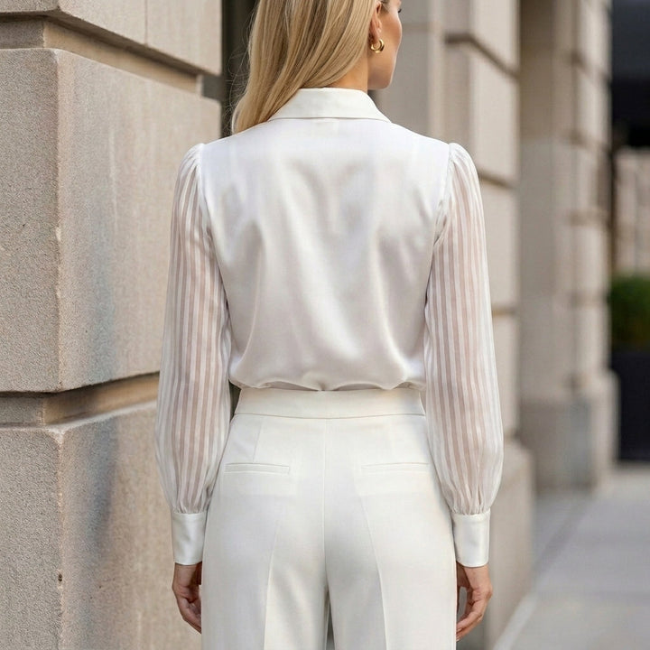Blouse Women Striped High Waist Sheer Sleeve Glossy