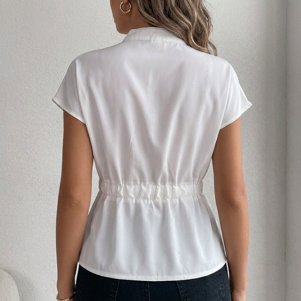 Denim Blouse Women Cap Sleeve Stand Collar Tie Waist
