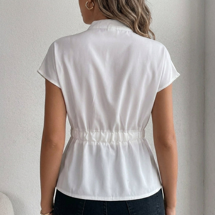 Denim Blouse Women Cap Sleeve Stand Collar Tie Waist