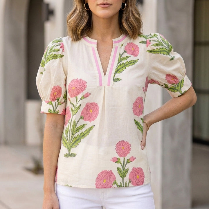 Blouse Women Floral V-Neck Puff Sleeve High Waist Woven