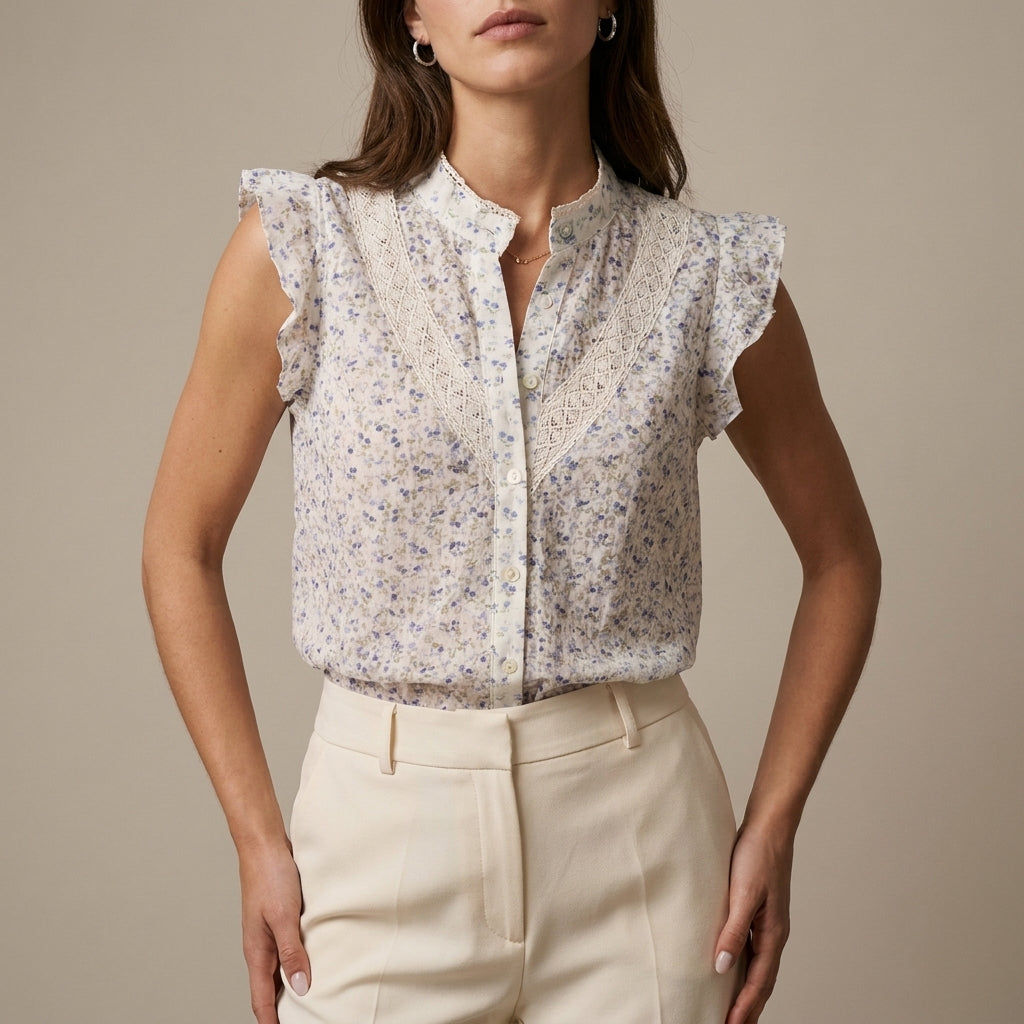 Blouse Women Floral Sleeveless Lace Panel Woven