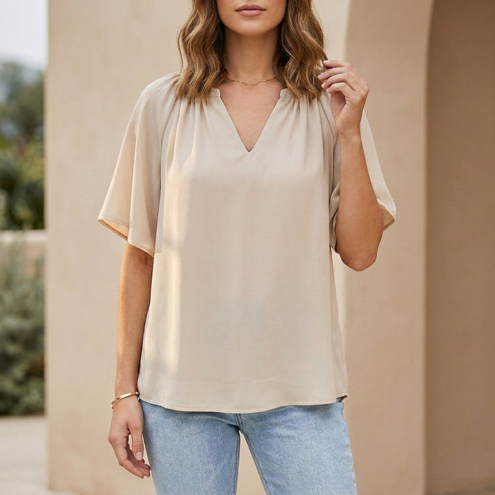 Blouse Women V-Neck Flutter Sleeve Gathered Neckline