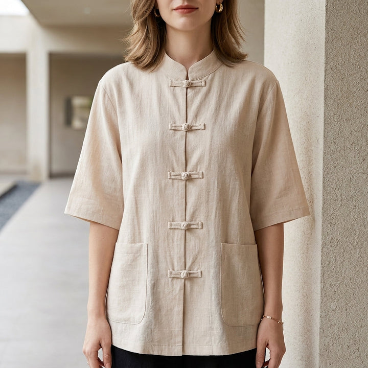 Denim Blouse Women Mandarin Collar Knot Button Pockets