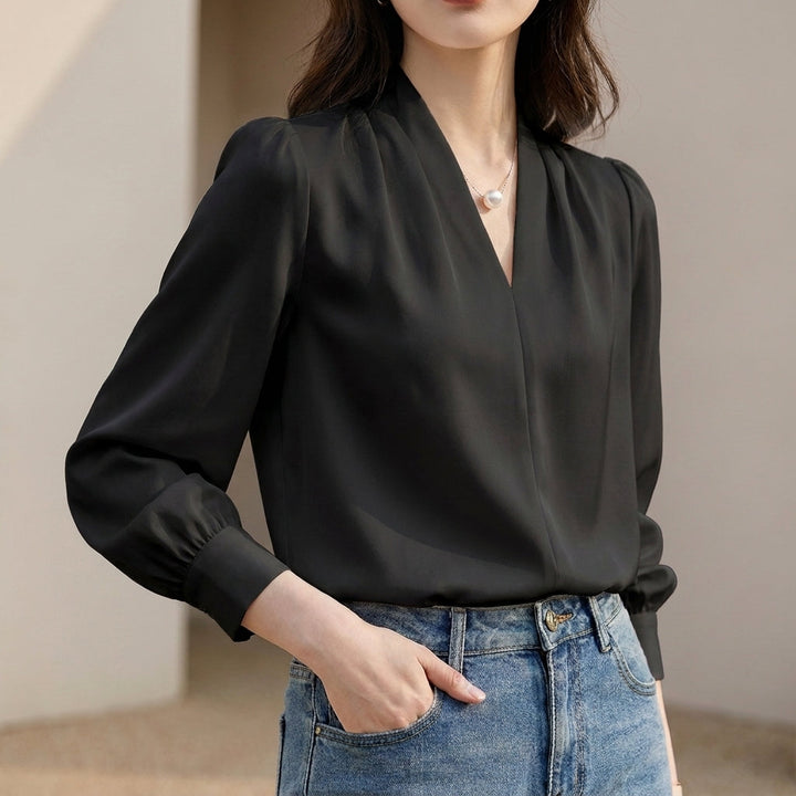 Blouse Women V-Neck Puff Sleeve Pleated Tailored Waist