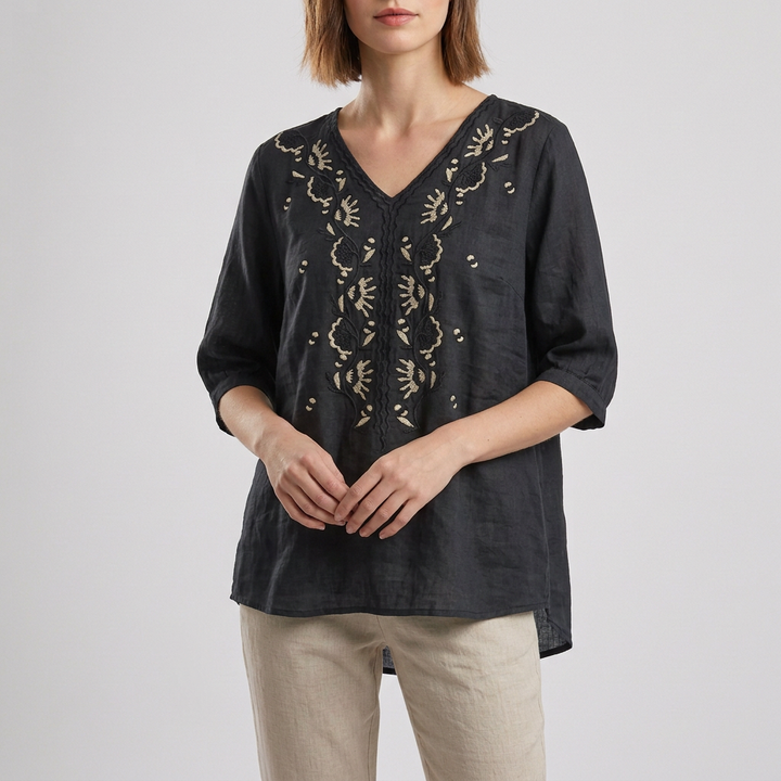 Linen Blouse Women Floral V-Neck 3/4 Sleeve Slit