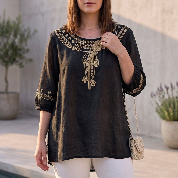 Linen Blouse Women Cut-Out Eyelet Embroidery Relaxed