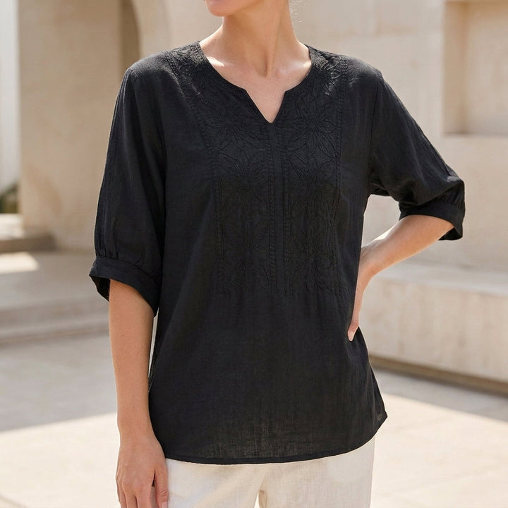 Linen Blouse Women Floral V-Neck Drop Shoulder Flowy