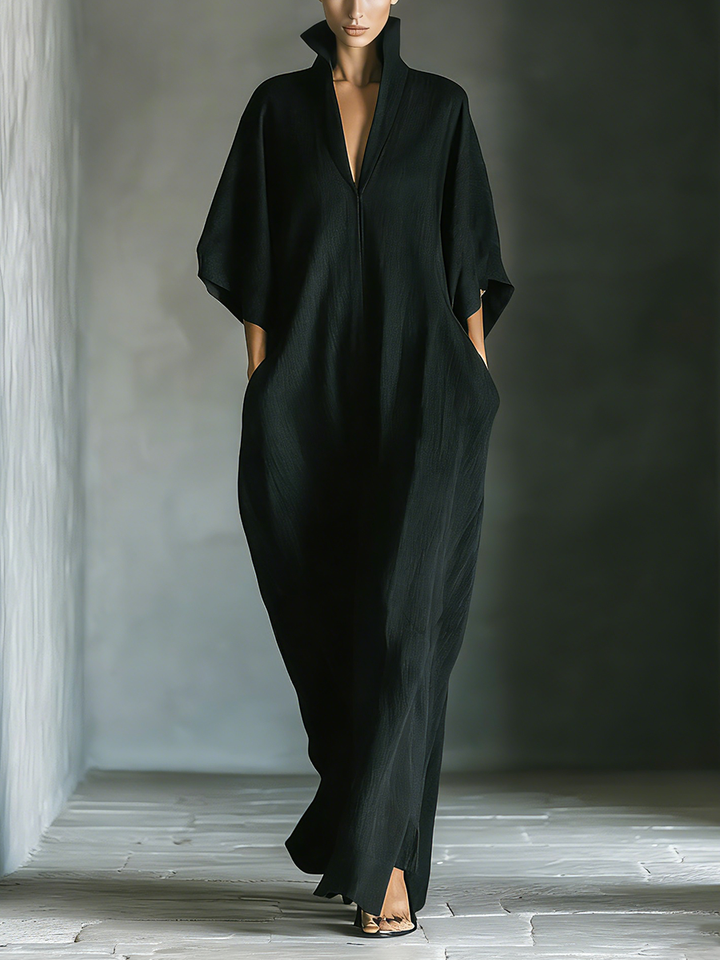 Cotton Maxi Dress Women V-Neck Black Kimono Sleeve