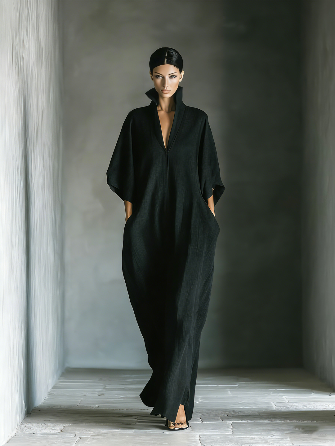 Cotton Maxi Dress Women V-Neck Black Kimono Sleeve
