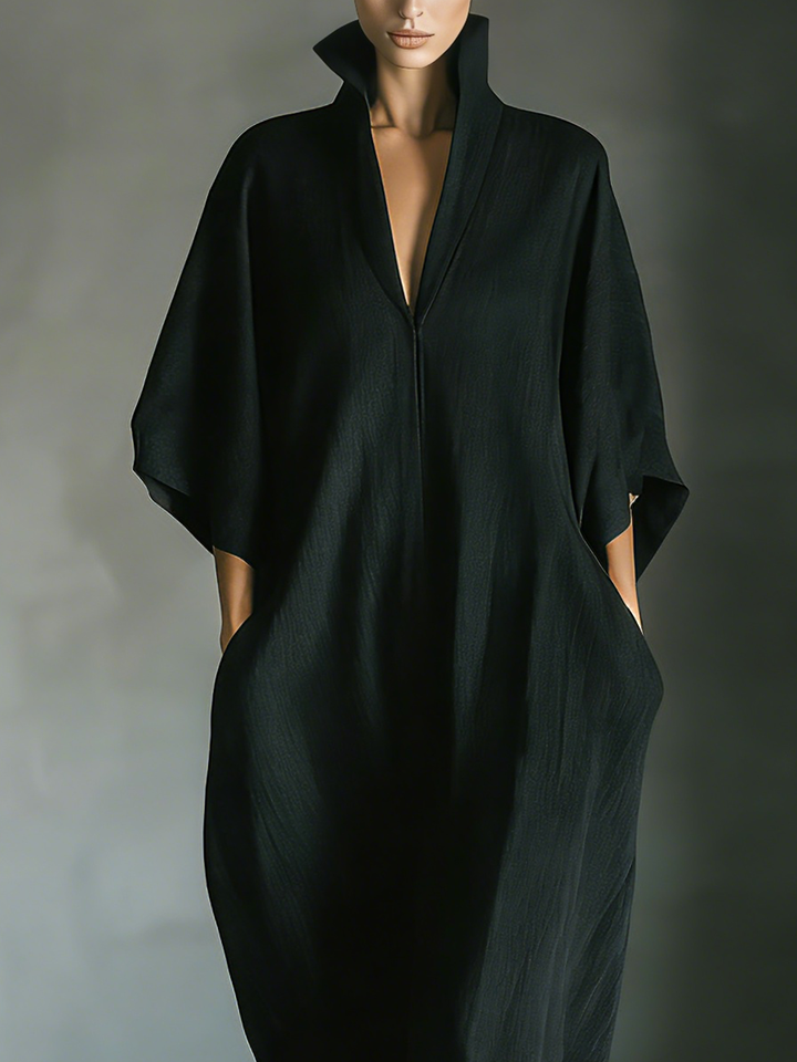 Cotton Maxi Dress Women V-Neck Black Kimono Sleeve