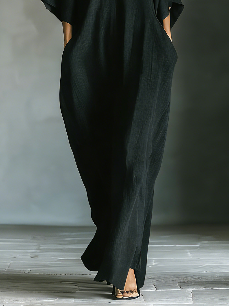 Cotton Maxi Dress Women V-Neck Black Kimono Sleeve