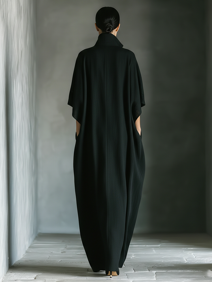 Cotton Maxi Dress Women V-Neck Black Kimono Sleeve