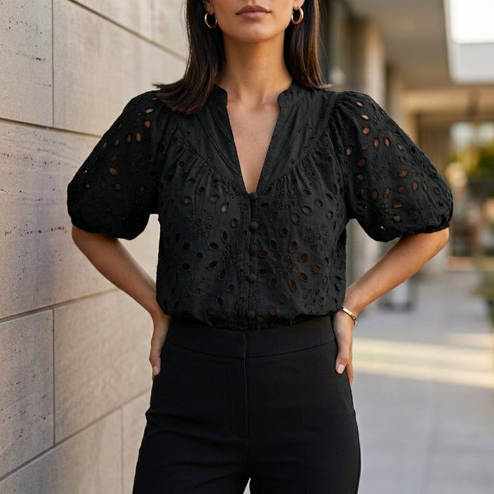 Linen Blouse Women V-Neck Button Front Embroidery
