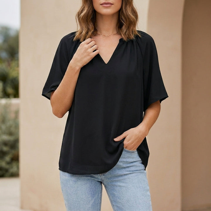Blouse Women V-Neck Flutter Sleeve Gathered Neckline