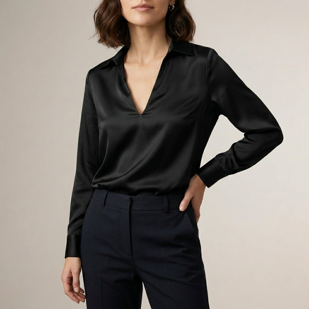 Satin Blouse Women V-Neck Long Sleeve High Waist