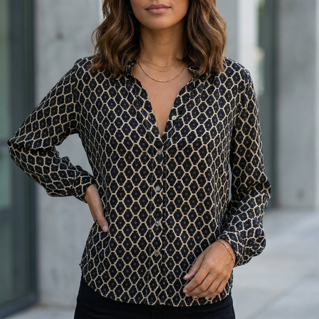 Blouse Women Geometric V-Neck Long Sleeve Flowing