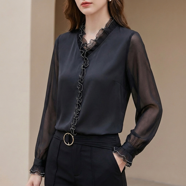 Chiffon Blouse Women V-Neck Puff Sleeve Ruffle Sheer