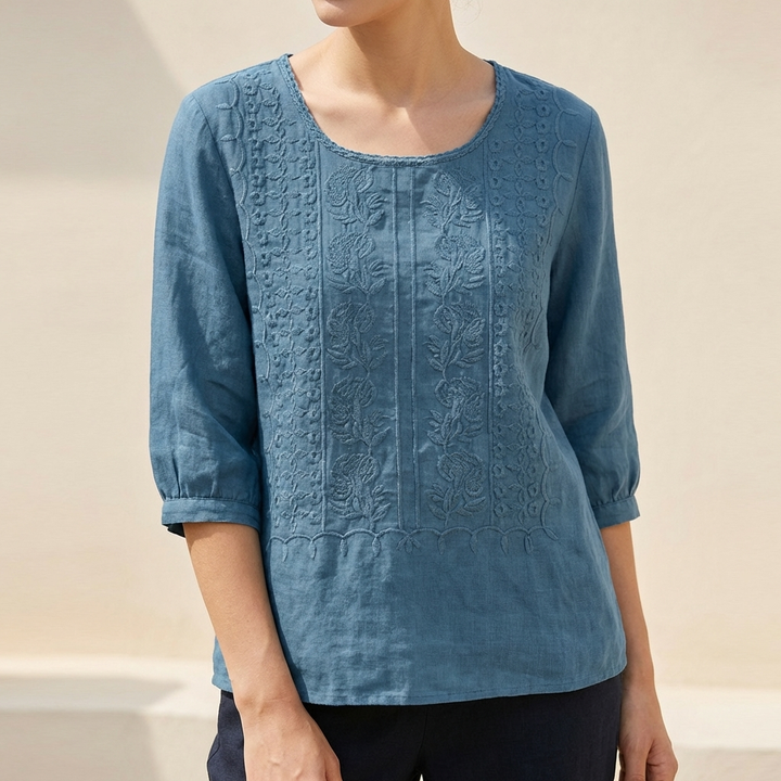 Cotton Blouse Women Floral Embroidery Relaxed Fit Gauzy