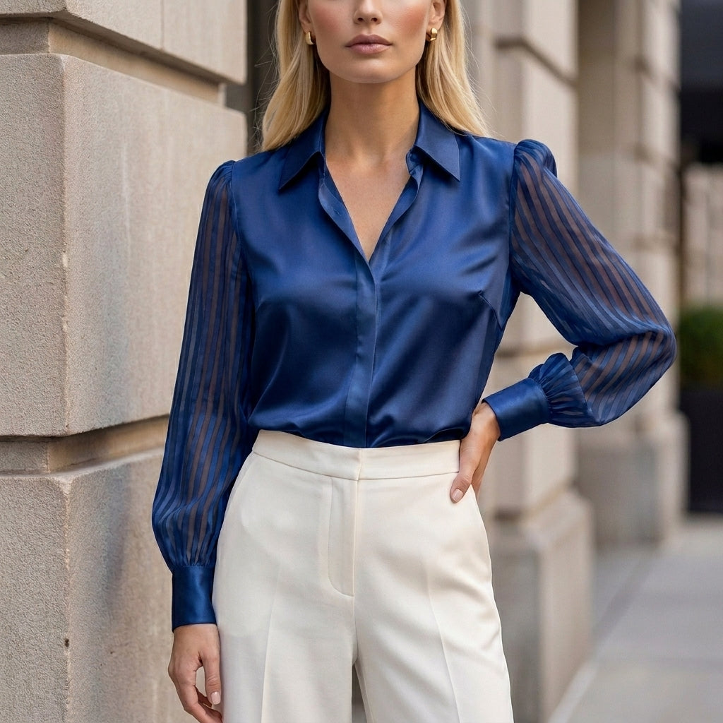 Blouse Women Striped High Waist Sheer Sleeve Glossy
