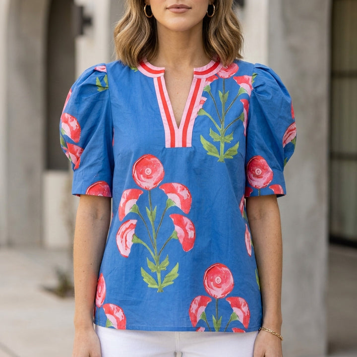 Blouse Women Floral V-Neck Puff Sleeve High Waist Woven