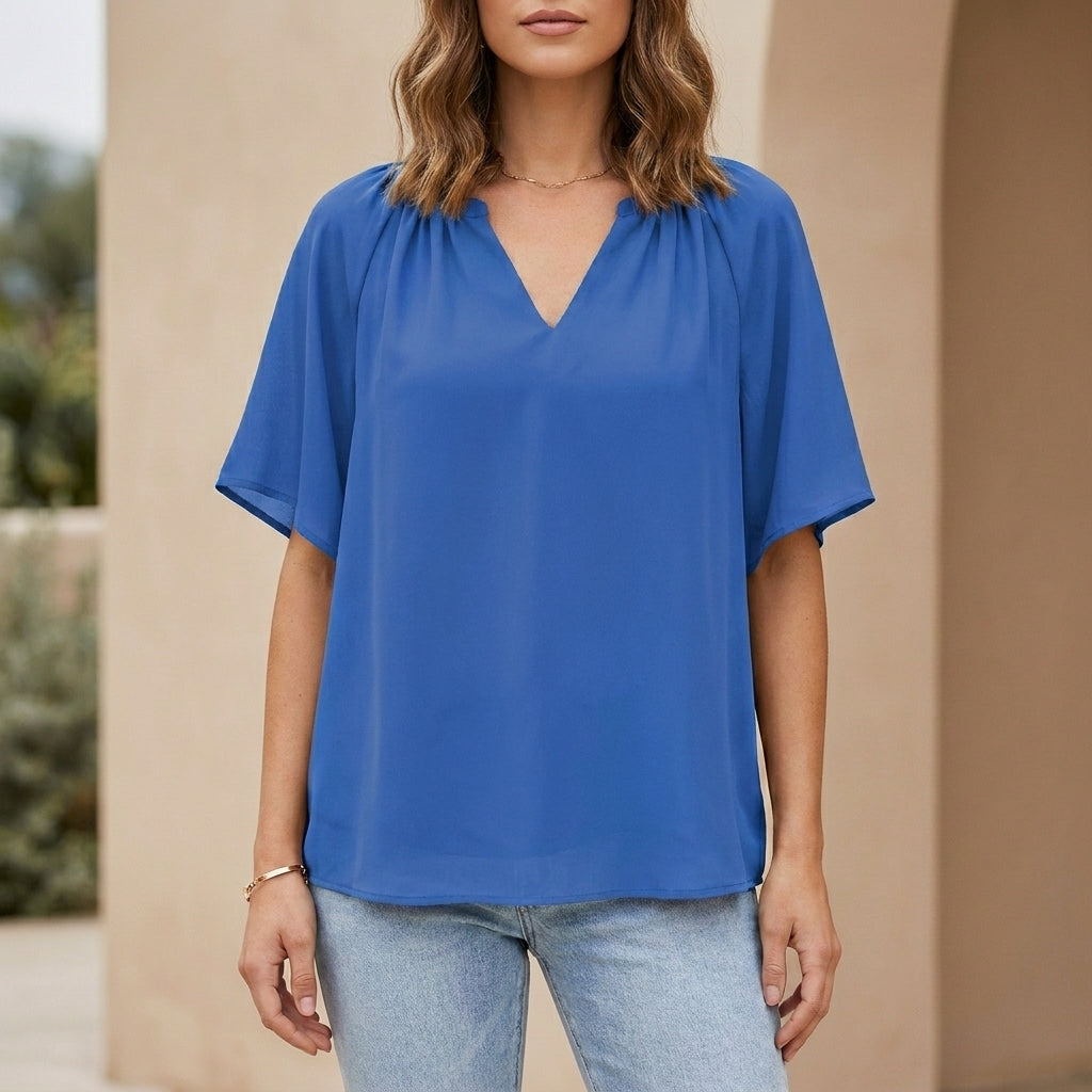 Blouse Women V-Neck Flutter Sleeve Gathered Neckline