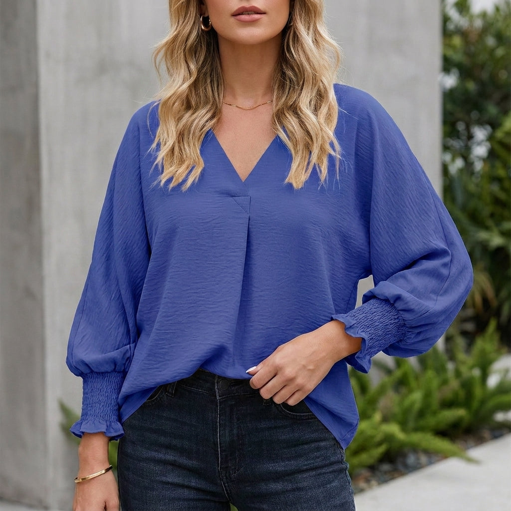 Denim Blouse Women V-Neck Ruffle Lightweight Crinkle