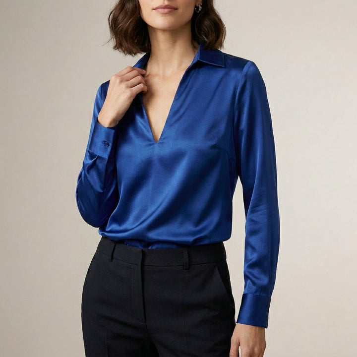 Satin Blouse Women V-Neck Long Sleeve High Waist