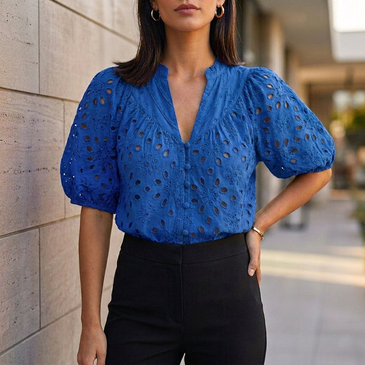 Linen Blouse Women V-Neck Button Front Embroidery