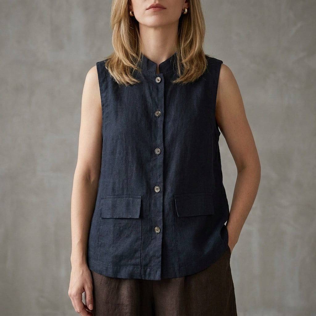 Denim Blouse Women Sleeveless Button Front Mandarin Collar