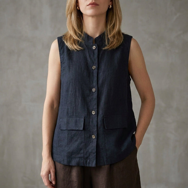 Denim Blouse Women Sleeveless Button Front Mandarin Collar