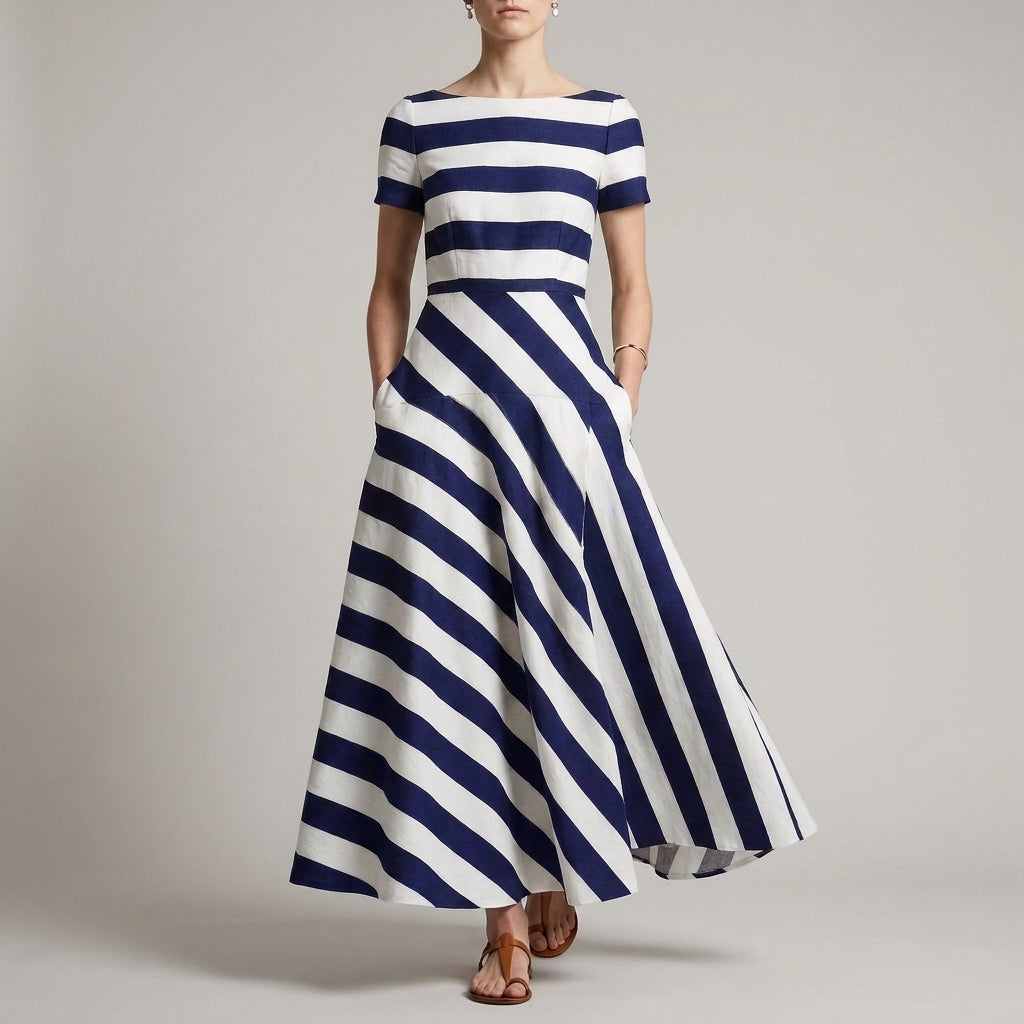 Striped Maxi Dress Women A-Line Print Pockets