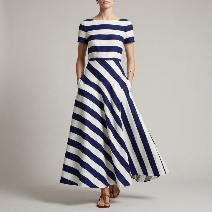 Striped Maxi Dress Women A-Line Print Pockets