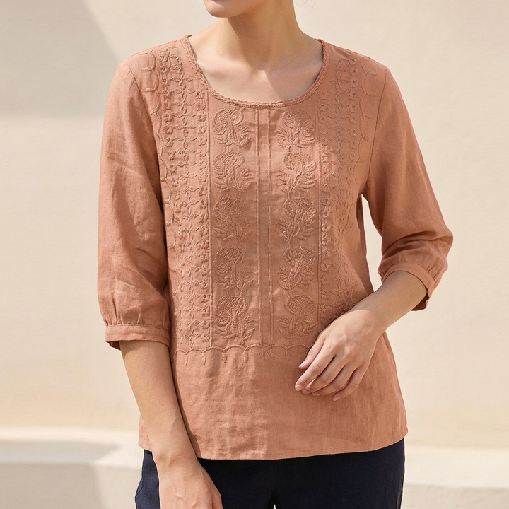 Cotton Blouse Women Floral Embroidery Relaxed Fit Gauzy