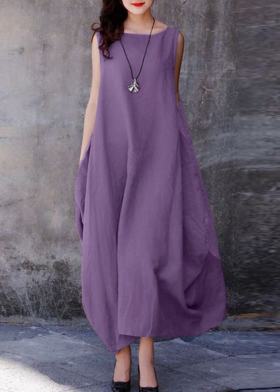 Bohemian Purple O-Neck Exra Large Hem Cotton Dresses Sleeveless – Casual Wedding Dress