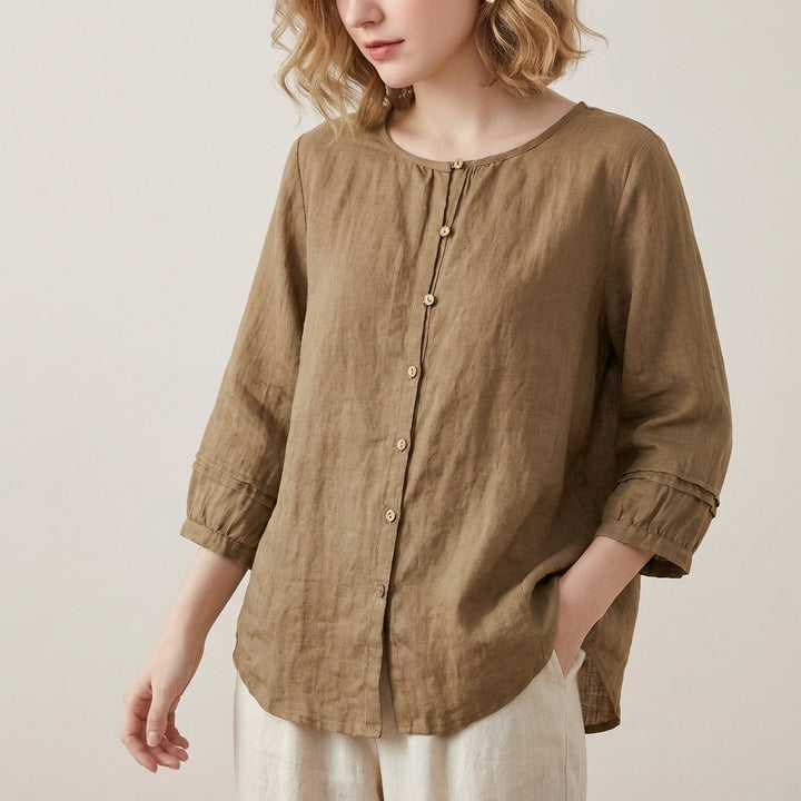 Linen Top Women Button Front Gathered Neckline Casual