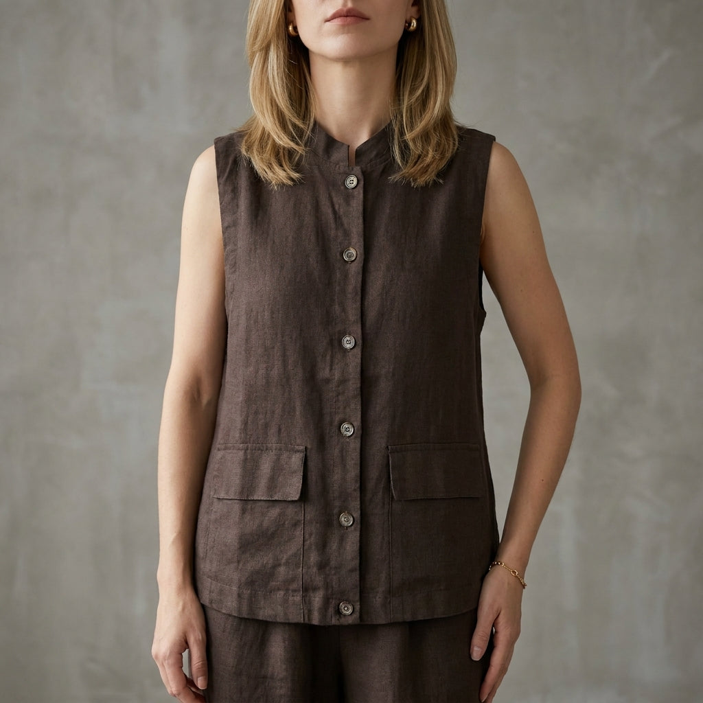 Denim Blouse Women Sleeveless Button Front Mandarin Collar