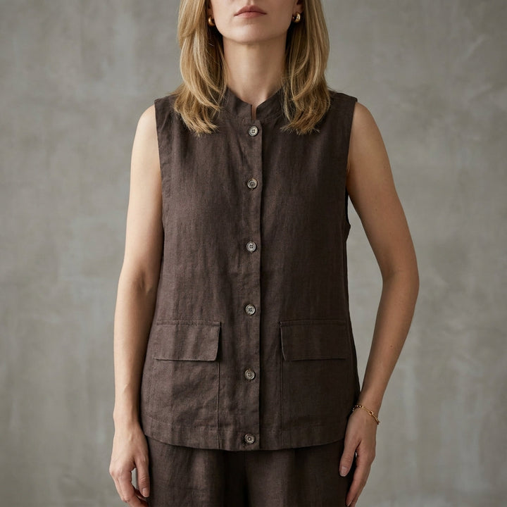 Denim Blouse Women Sleeveless Button Front Mandarin Collar