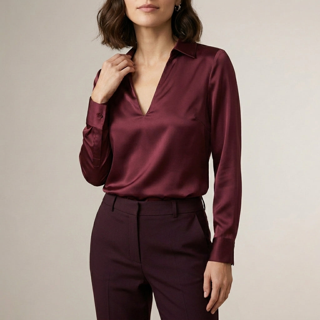 Satin Blouse Women V-Neck Long Sleeve High Waist