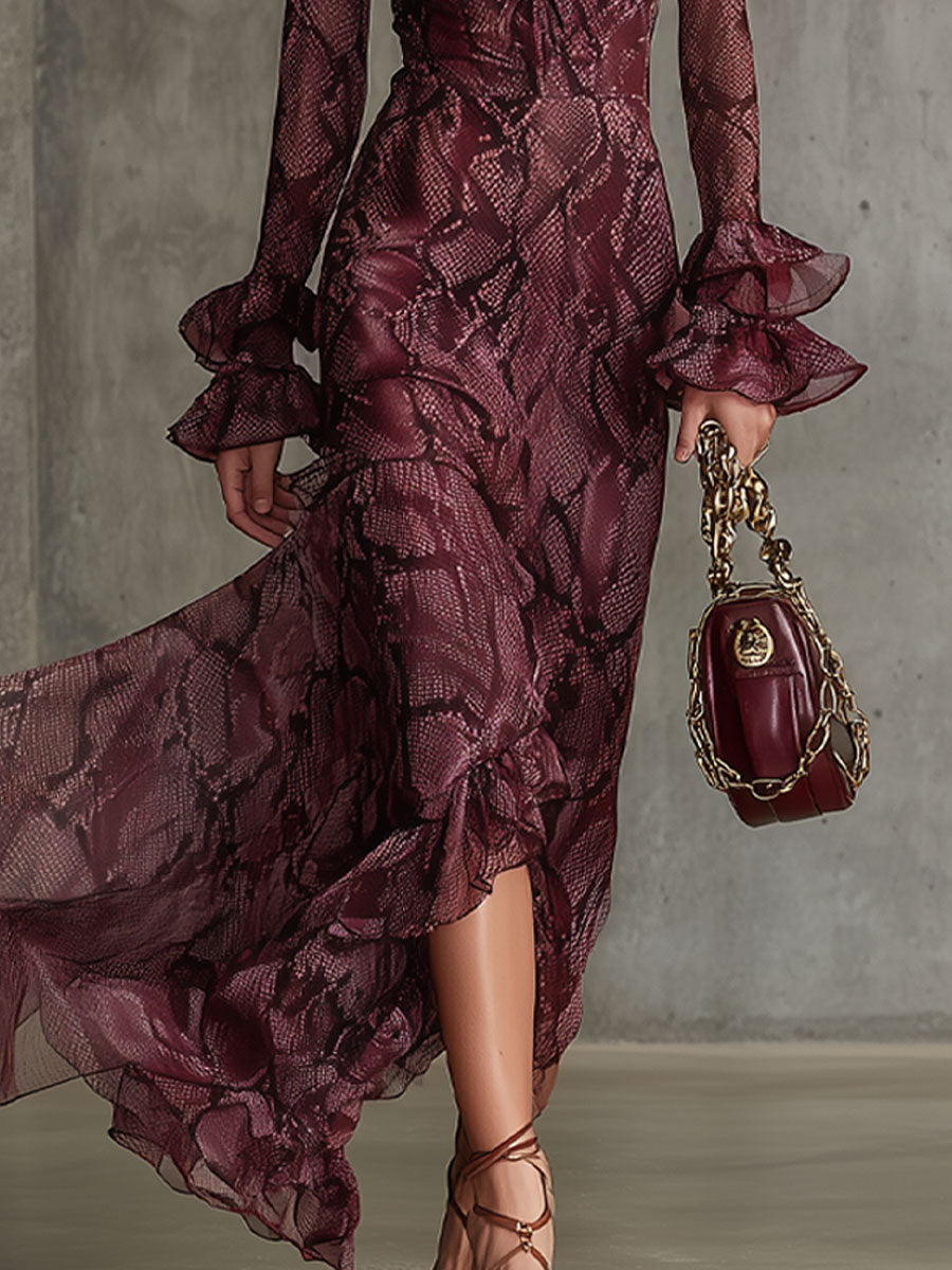 Chiffon Maxi Dress Women V-Neck Burgundy Long Sleeve Ruffle