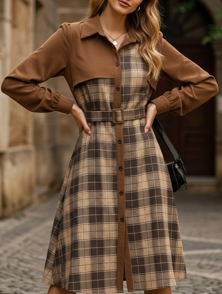 Retro-style shirt collar plaid patchwork dress – White Dress