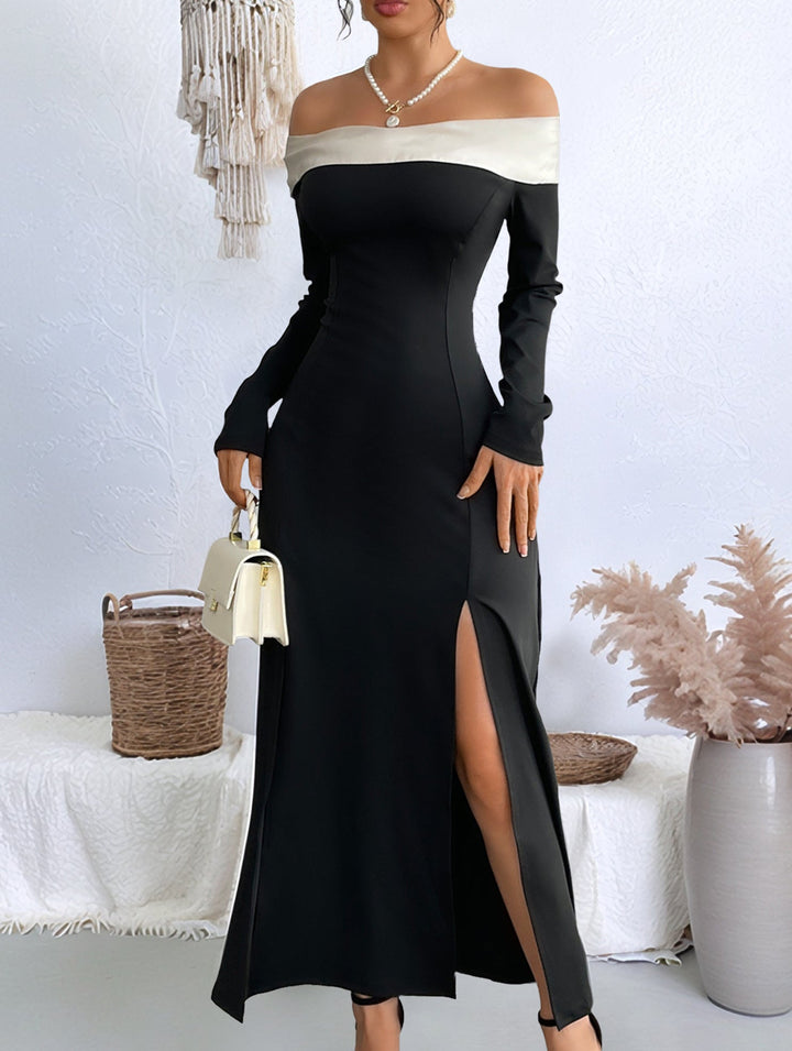 Off-the-shoulder color-block slit dress – White Dress