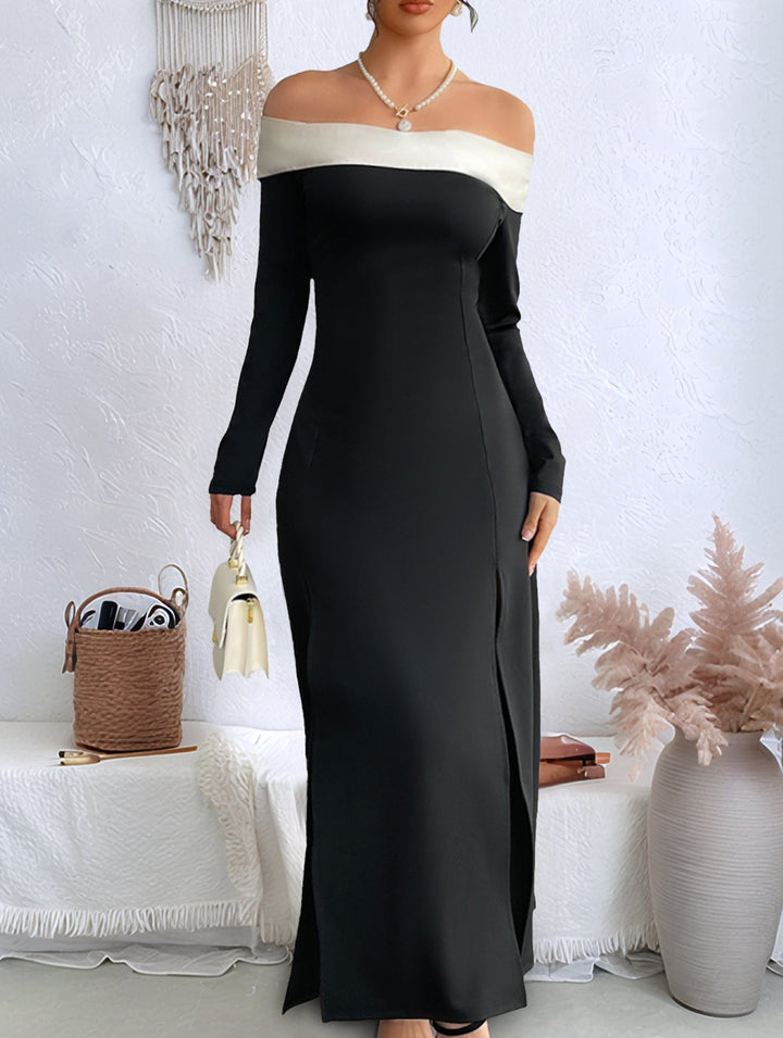 Off-the-shoulder color-block slit dress – White Dress