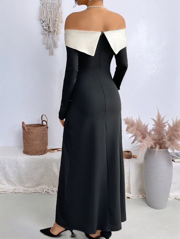 Off-the-shoulder color-block slit dress – White Dress