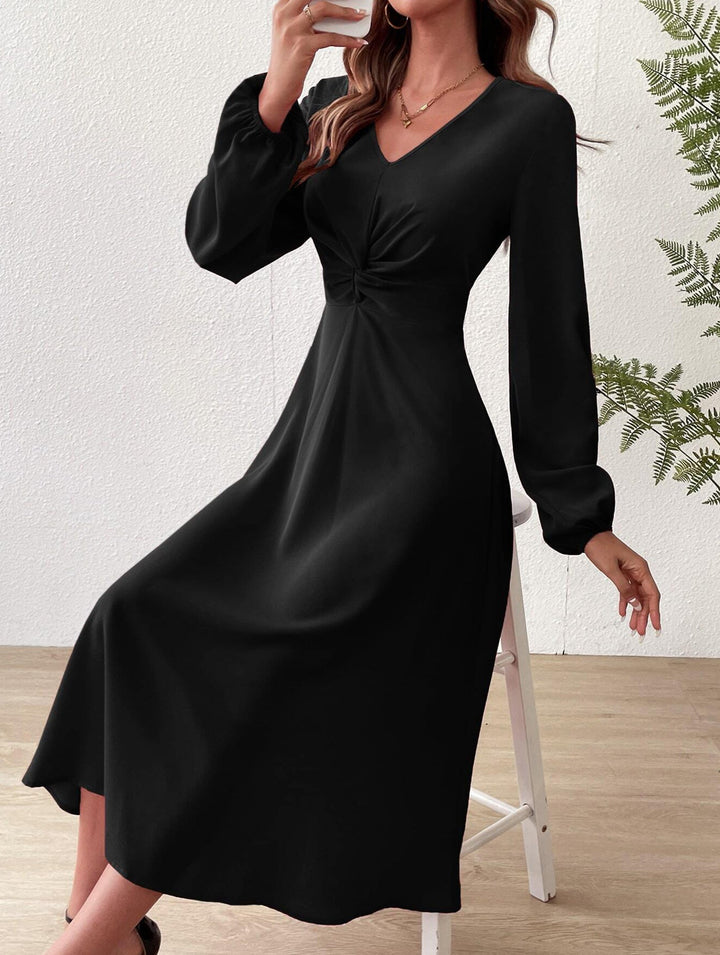 Fashionable V-neck lantern long-sleeved dress – White Dress