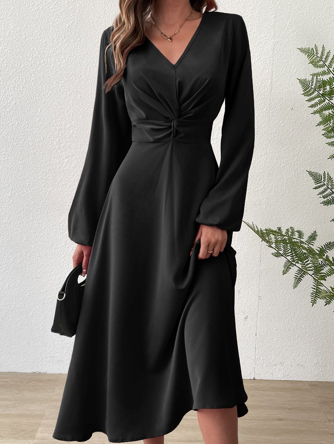 Fashionable V-neck lantern long-sleeved dress – White Dress