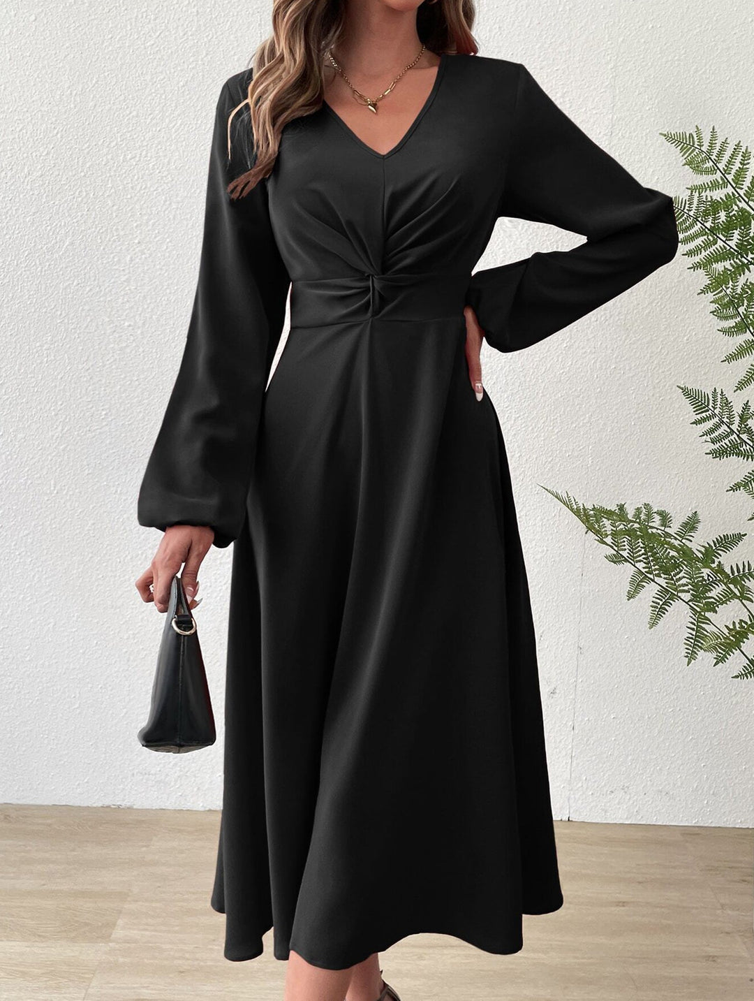 Fashionable V-neck lantern long-sleeved dress – White Dress