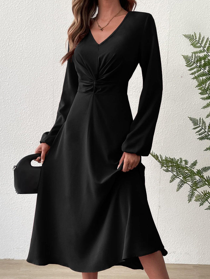 Fashionable V-neck lantern long-sleeved dress – White Dress